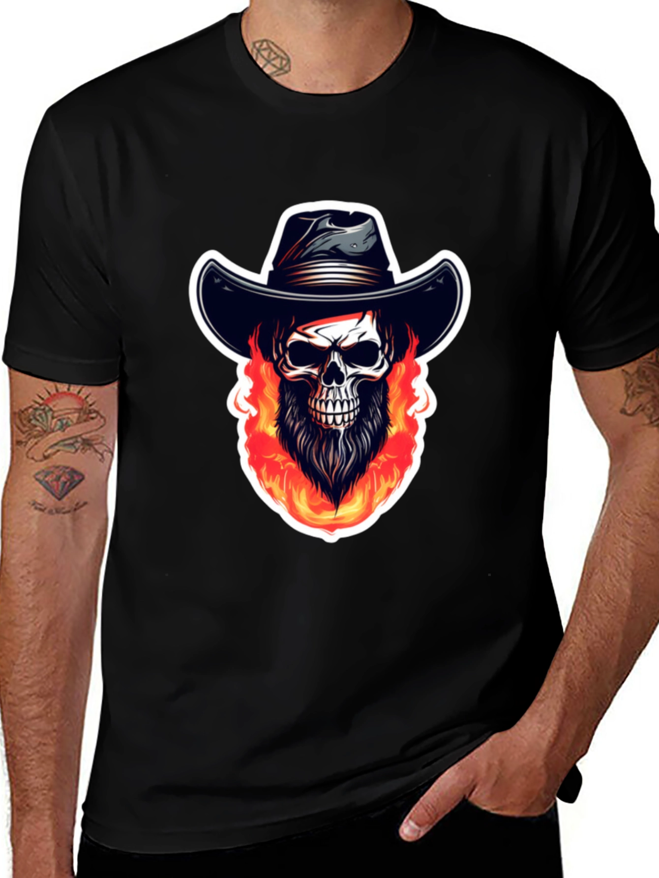 Fiery Skull Cowboy Graphic Tee - Black Cotton Shirt