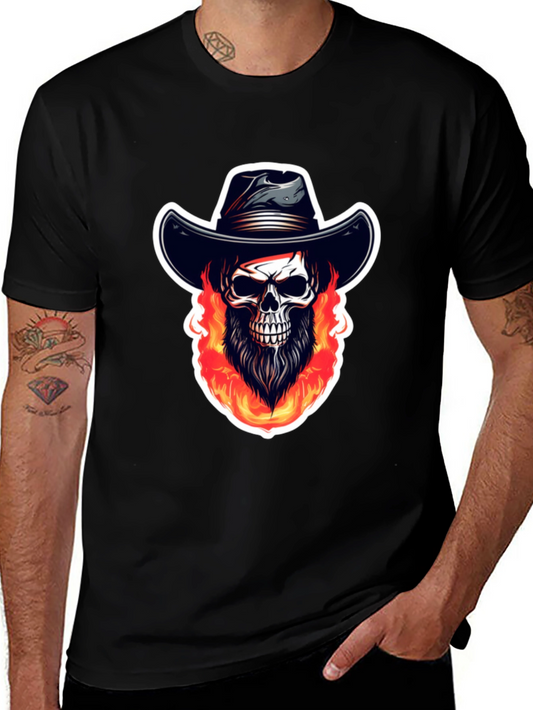 Fiery Skull Cowboy Graphic Tee - Black Cotton Shirt