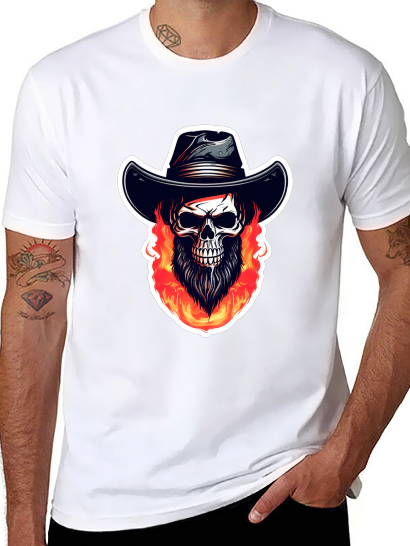 Fiery Skull Cowboy Graphic Tee - Black Cotton Shirt