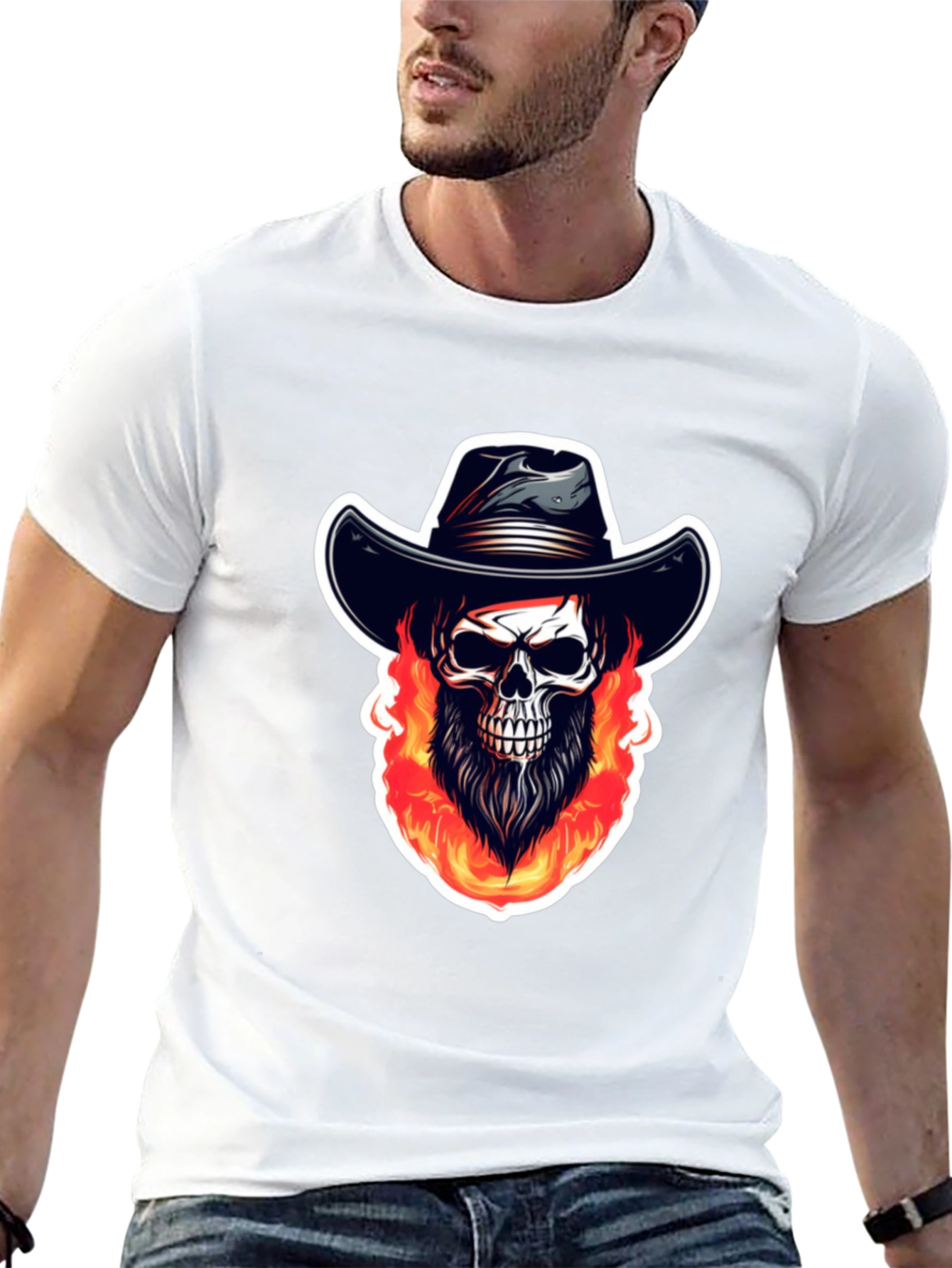 Fiery Skull Cowboy Graphic Tee - Black Cotton Shirt