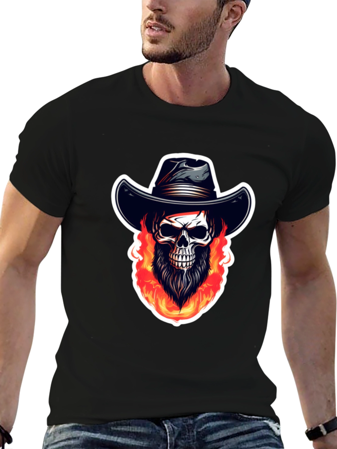 Fiery Skull Cowboy Graphic Tee - Black Cotton Shirt