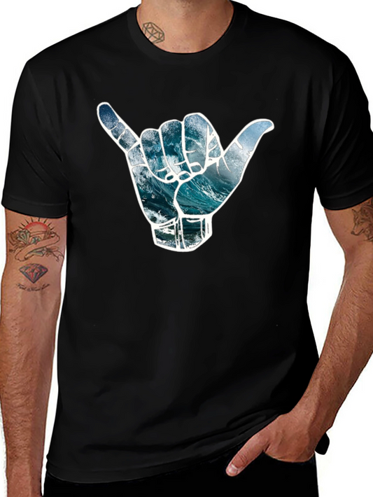 Surfs Up Shaka Hand Wave Graphic Tee - Black Cotton