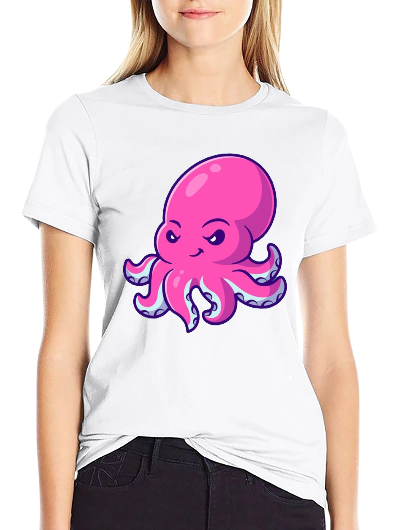 Pink Octopus Graphic Print Black T-Shirt
