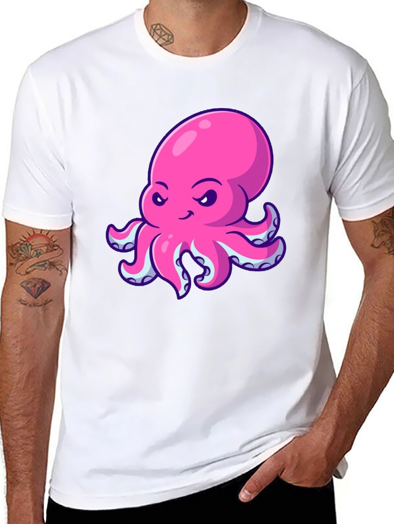 Pink Octopus Graphic Print Black T-Shirt