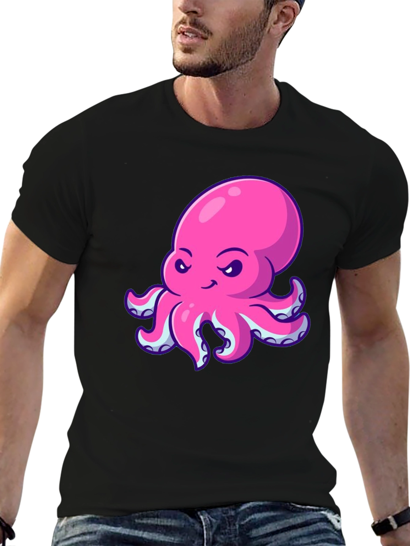Pink Octopus Graphic Print Black T-Shirt