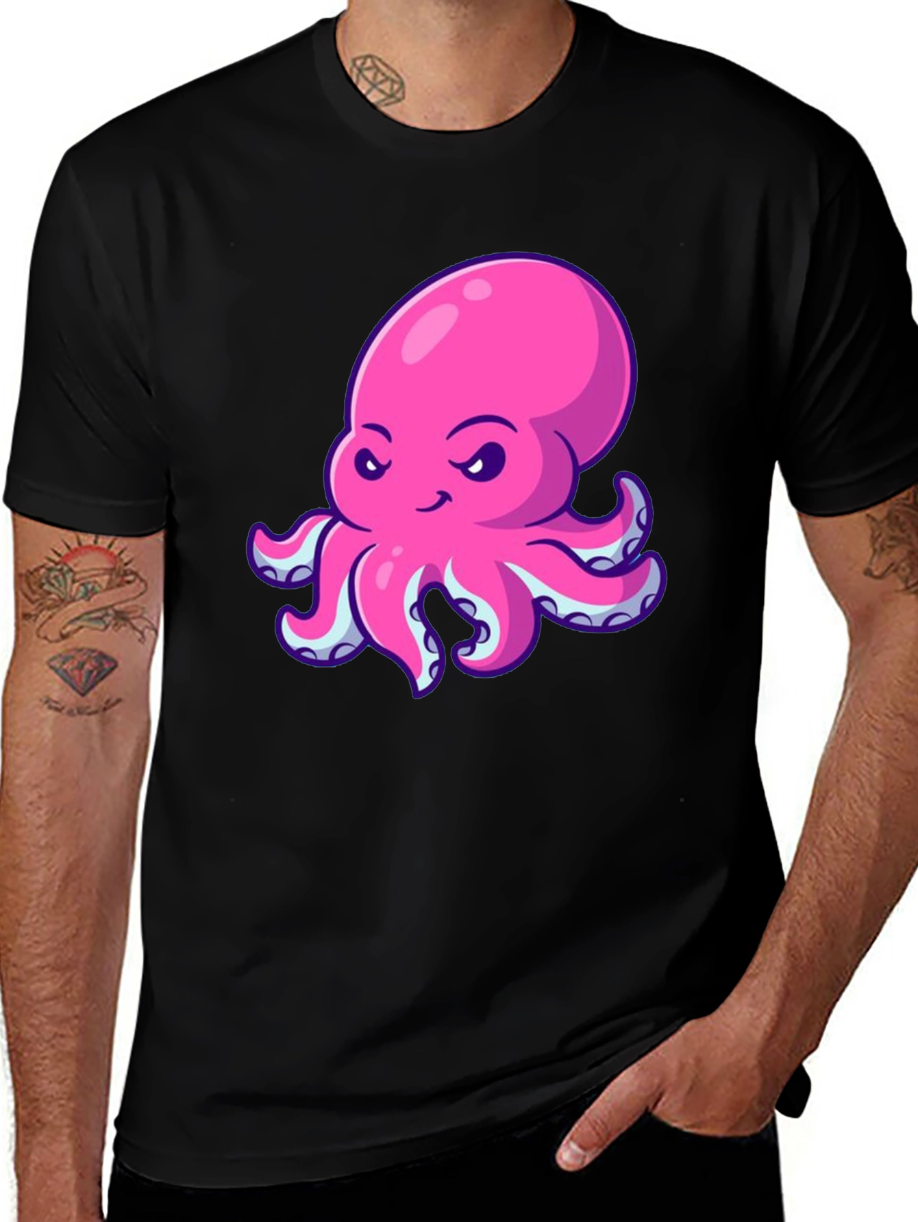 Pink Octopus Graphic Print Black T-Shirt