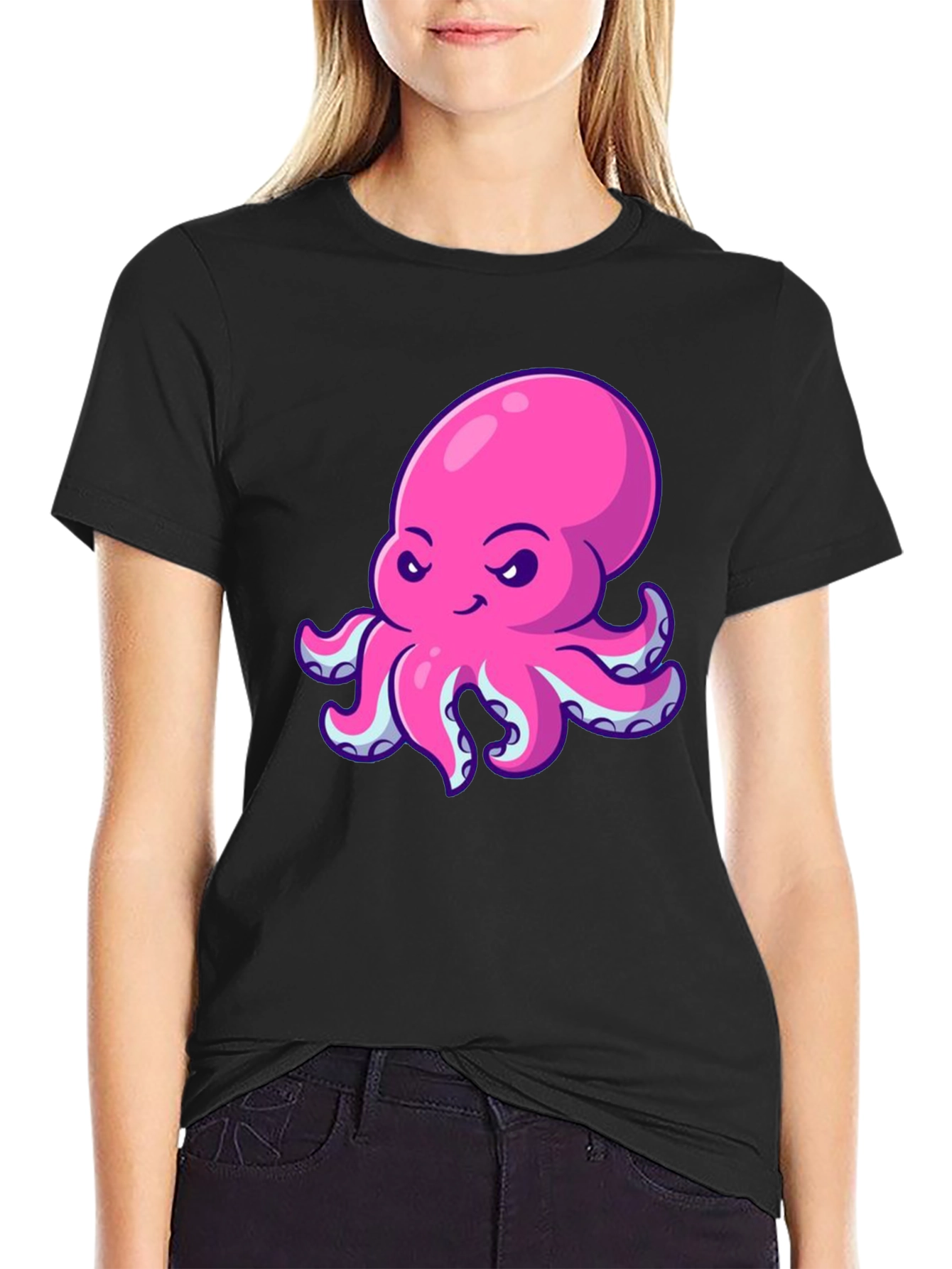 Pink Octopus Graphic Print Black T-Shirt