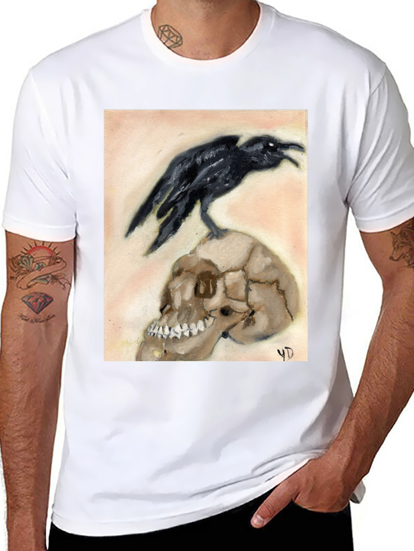 Raven on Skull Graphic Tee - Unique Design