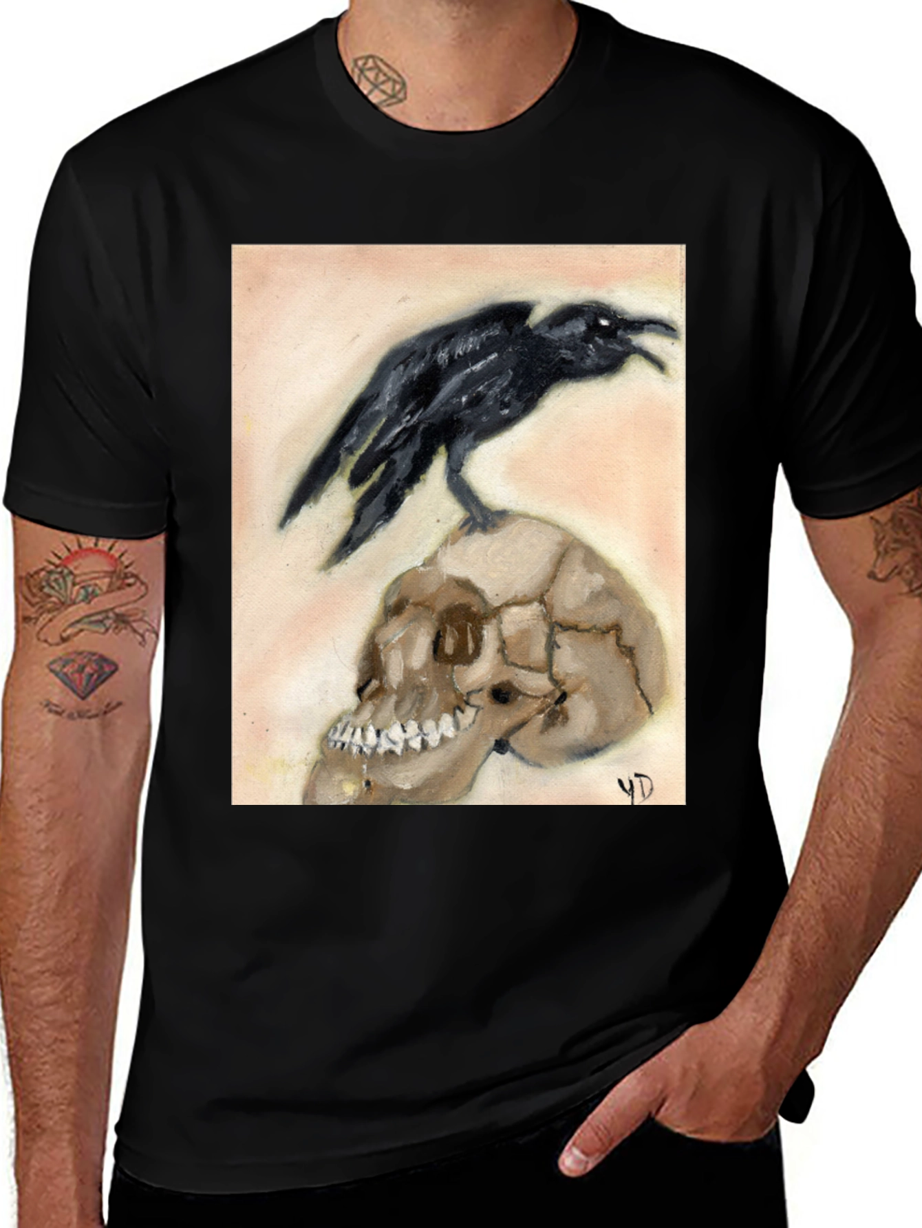 Raven on Skull Graphic Tee - Unique Design