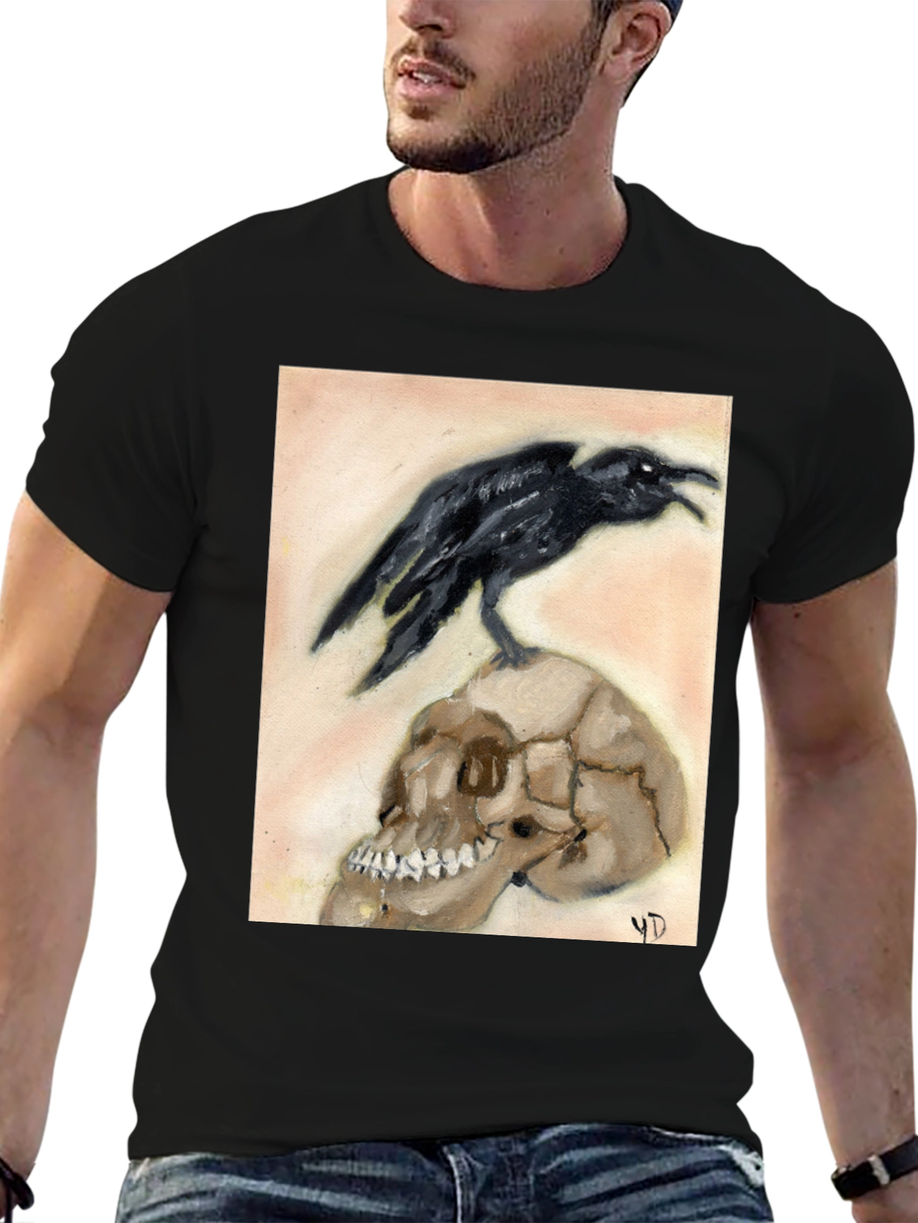 Raven on Skull Graphic Tee - Unique Design