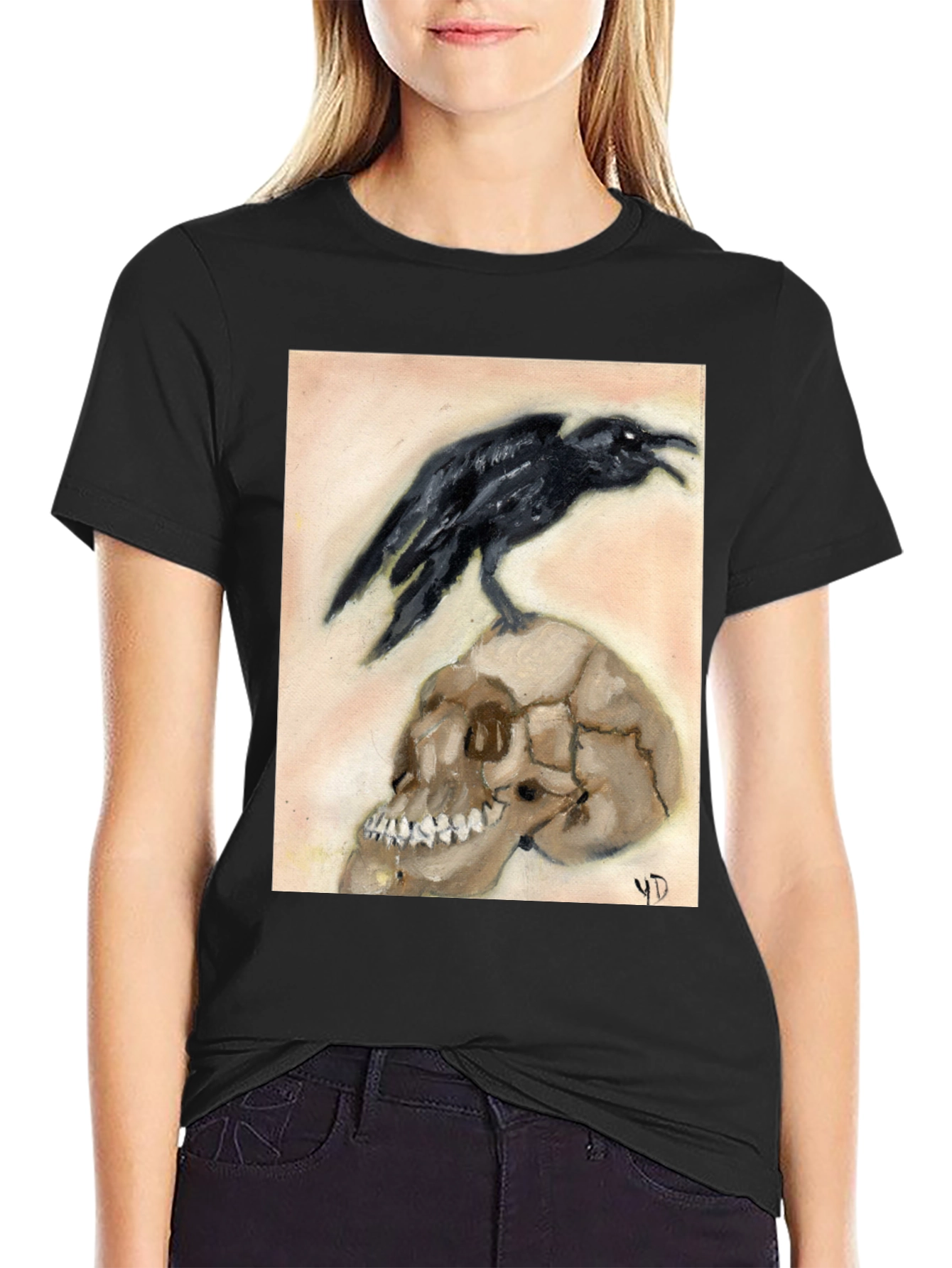 Raven on Skull Graphic Tee - Unique Design
