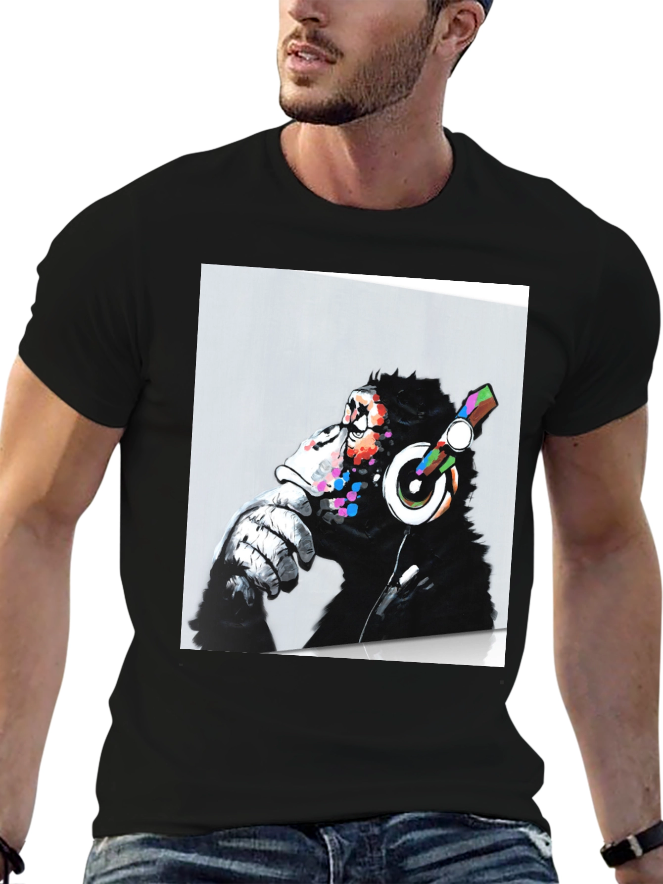DJ Monkey Graphic Print Black T-Shirt
