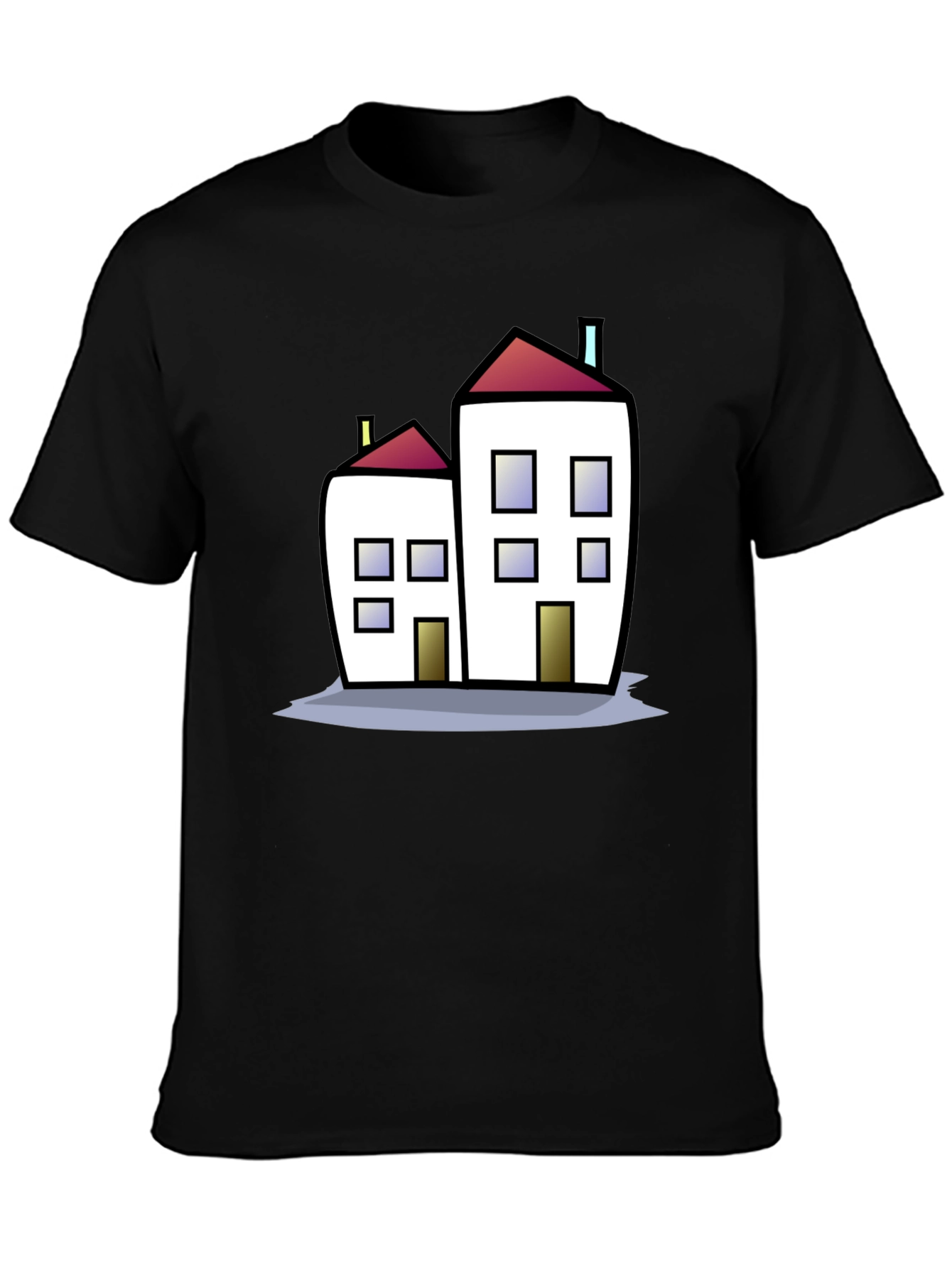 Cartoon House Graphic Tee - Black Cotton T-Shirt