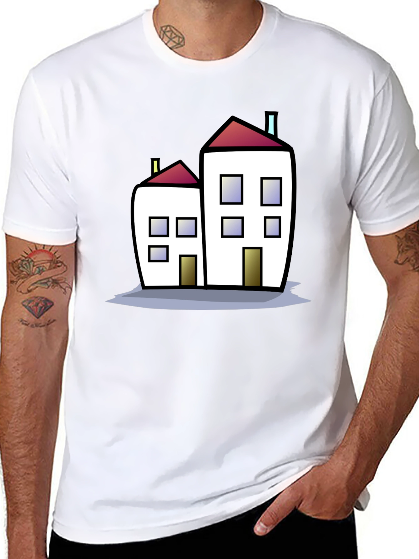 Cartoon House Graphic Tee - Black Cotton T-Shirt