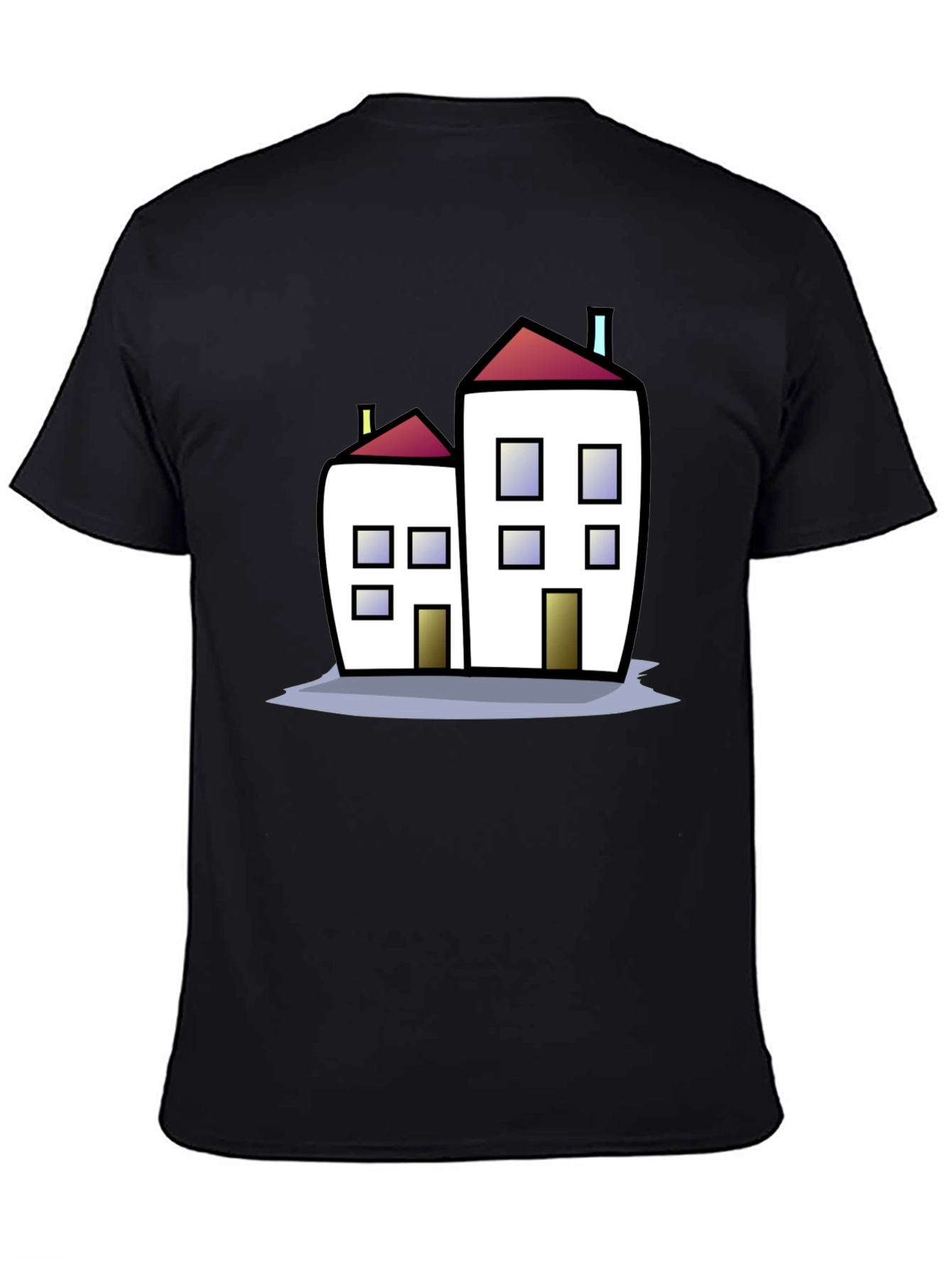 Cartoon House Graphic Tee - Black Cotton T-Shirt