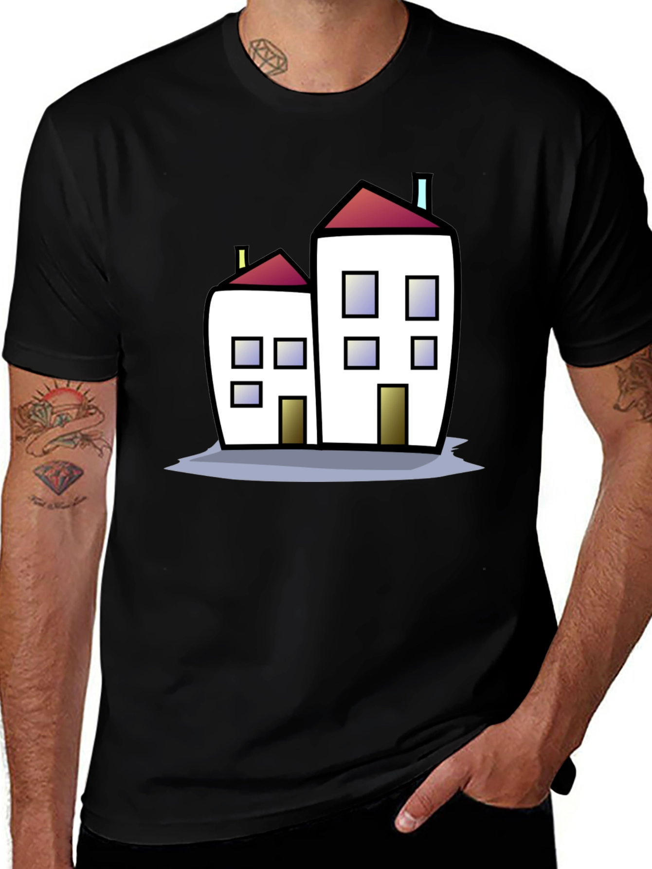 Cartoon House Graphic Tee - Black Cotton T-Shirt