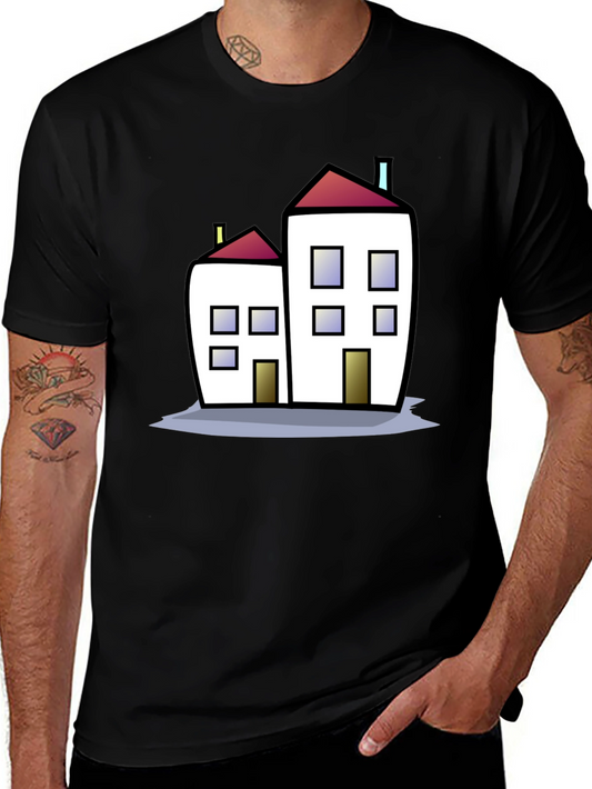 Cartoon House Graphic Tee - Black Cotton T-Shirt