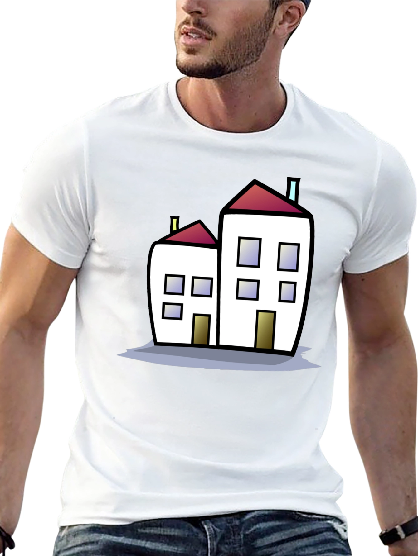Cartoon House Graphic Tee - Black Cotton T-Shirt