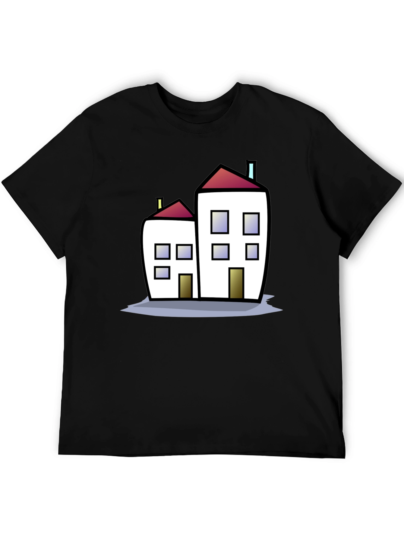 Cartoon House Graphic Tee - Black Cotton T-Shirt