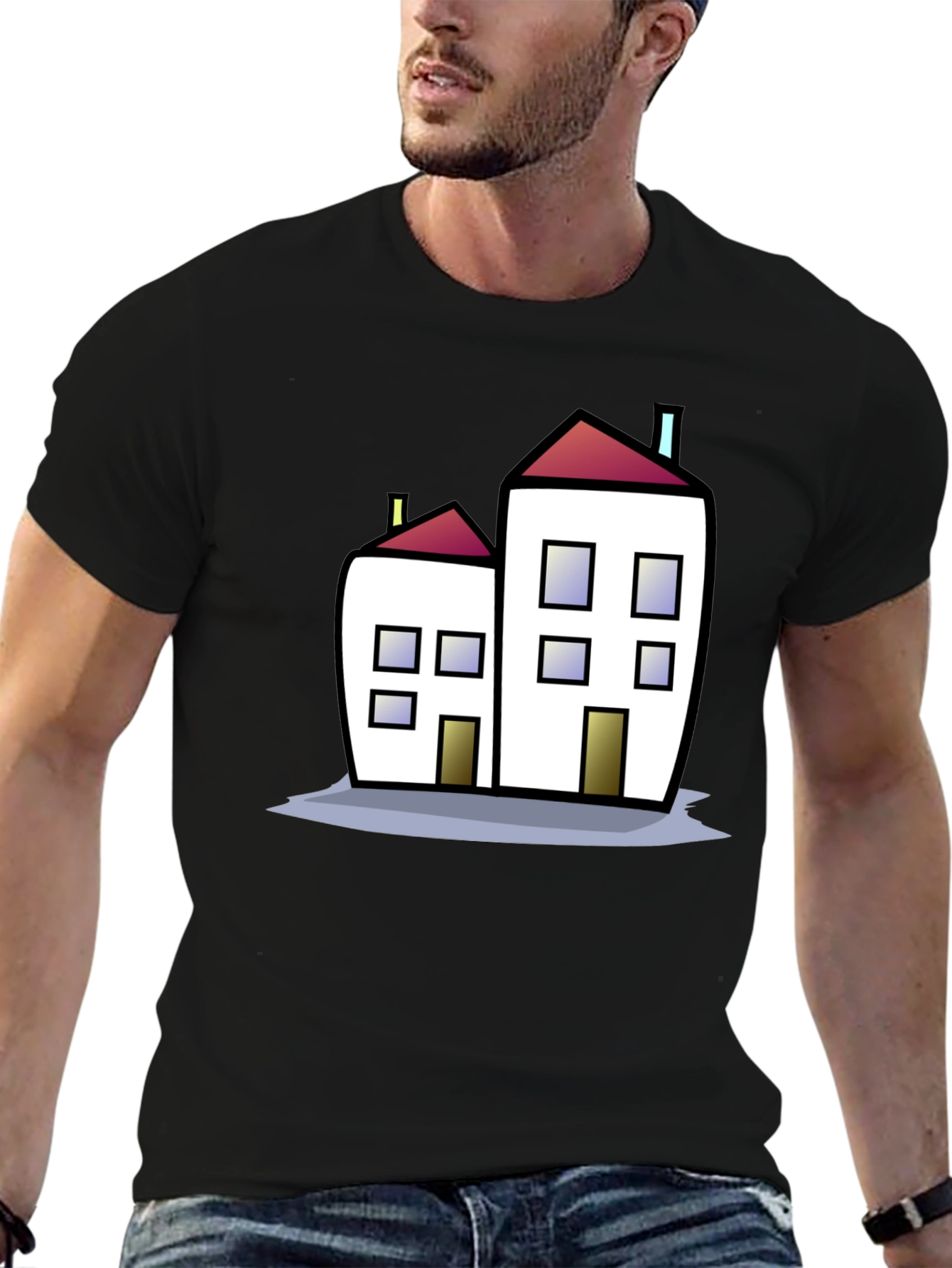 Cartoon House Graphic Tee - Black Cotton T-Shirt