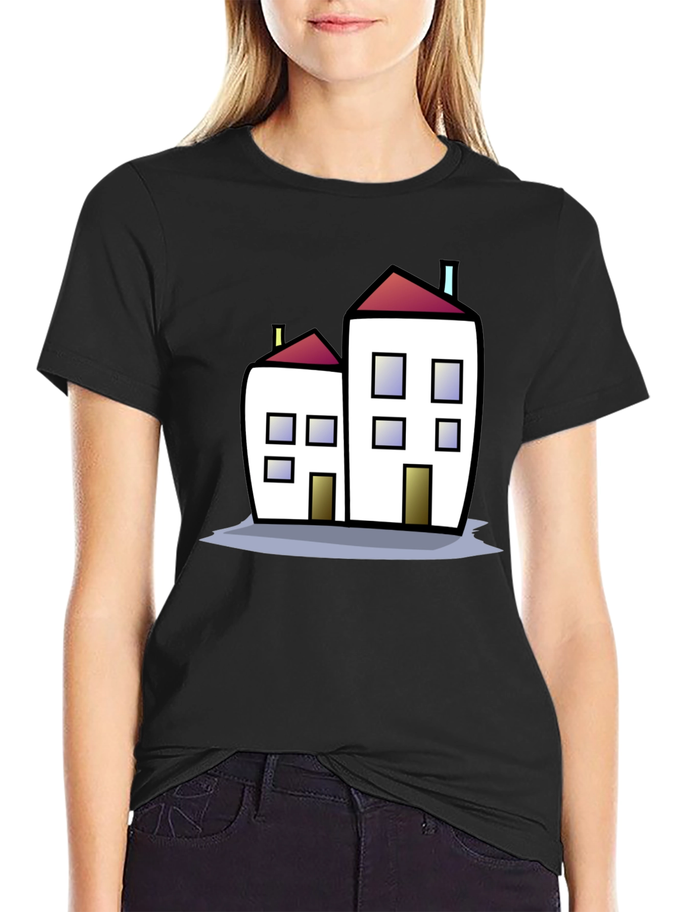 Cartoon House Graphic Tee - Black Cotton T-Shirt