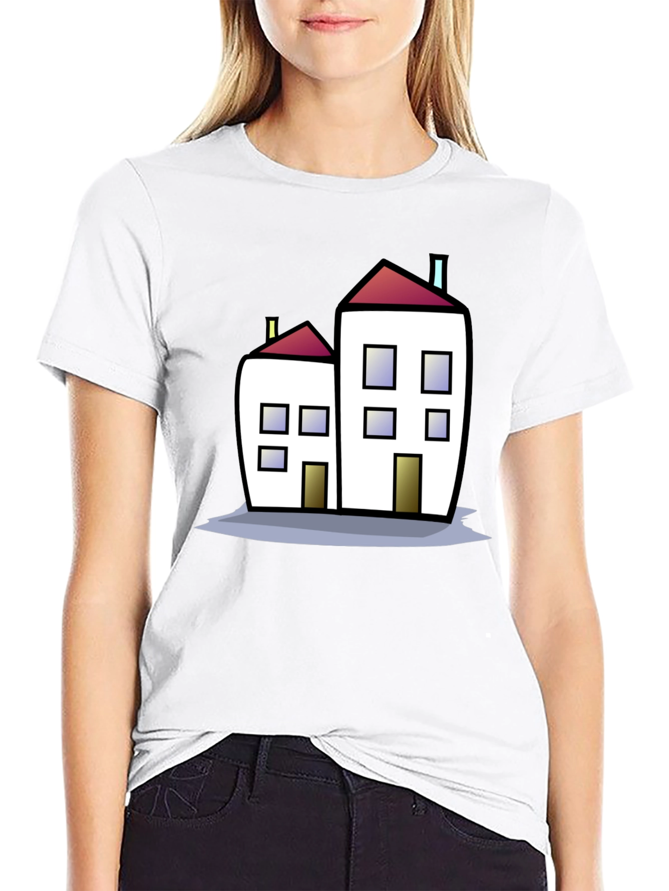 Cartoon House Graphic Tee - Black Cotton T-Shirt
