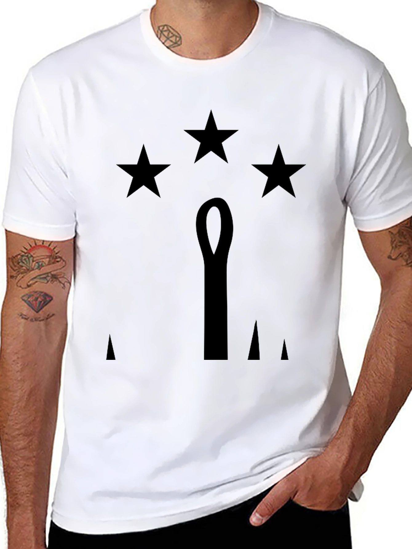 Mens Black T-Shirt with Stars & Emblem Design