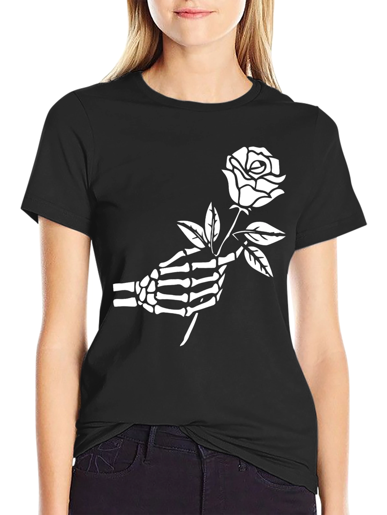 Skeleton Hand Rose Graphic Tee - Gothic Style