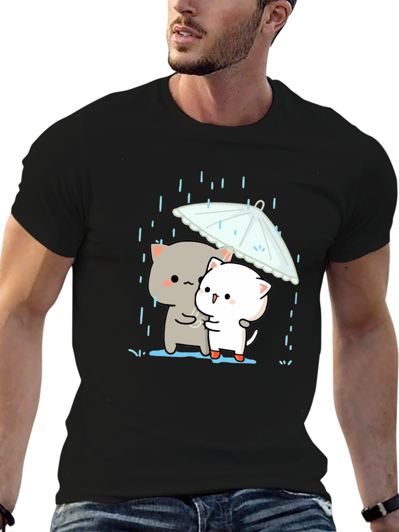 Cute Cats Under Umbrella Graphic Tee - Black