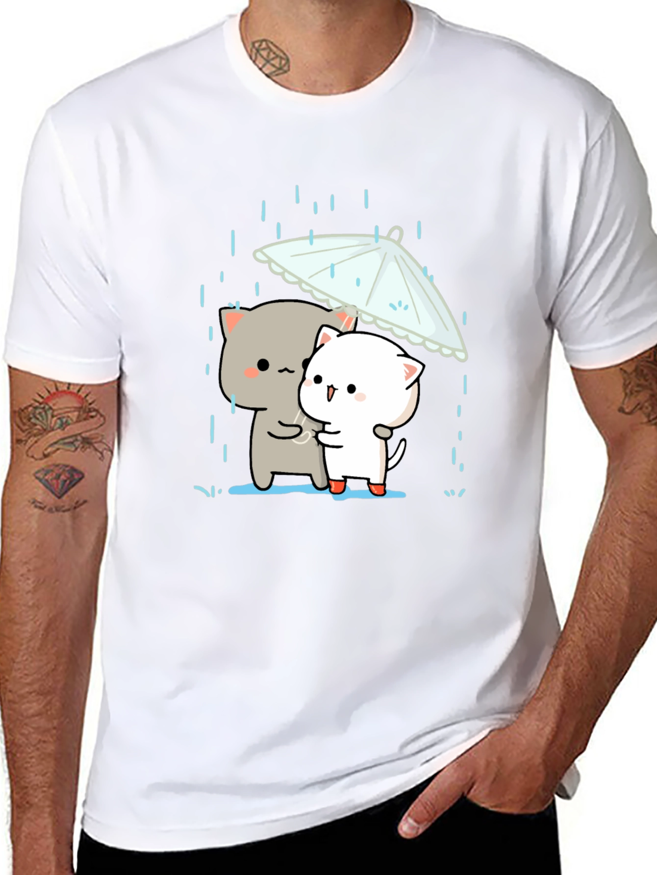 Cute Cats Under Umbrella Graphic Tee - Black
