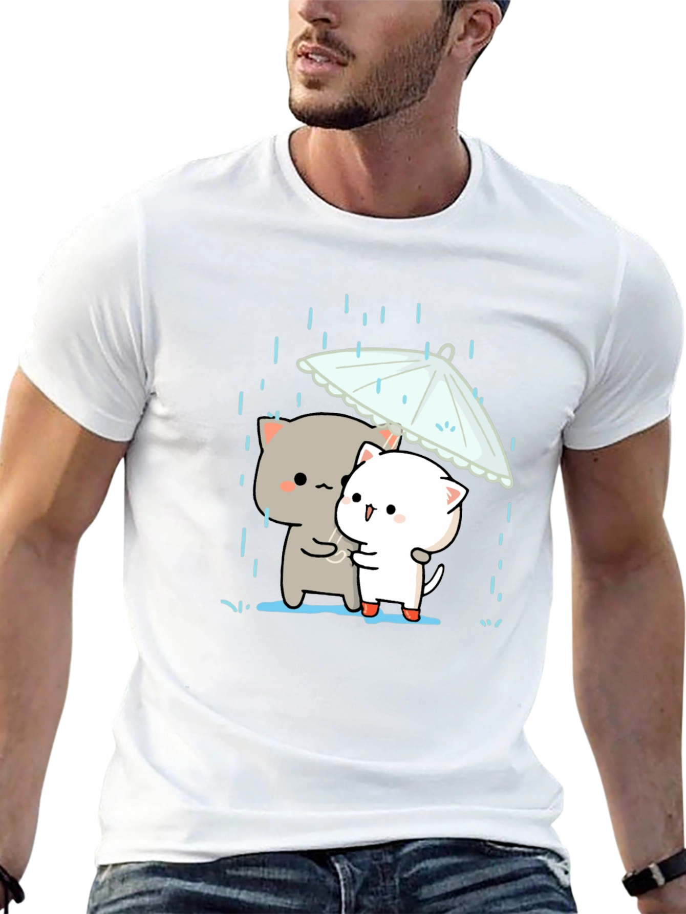 Cute Cats Under Umbrella Graphic Tee - Black