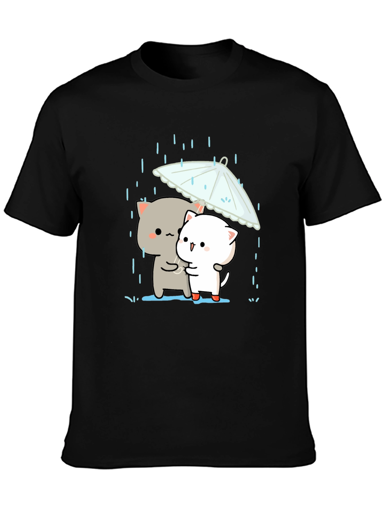 Cute Cats Under Umbrella Graphic Tee - Black