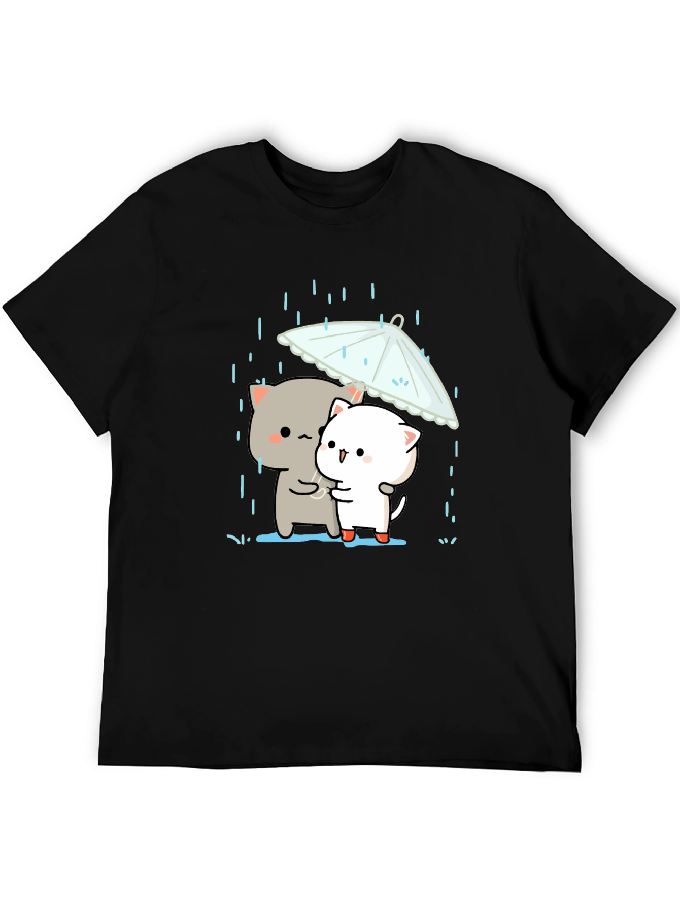 Cute Cats Under Umbrella Graphic Tee - Black