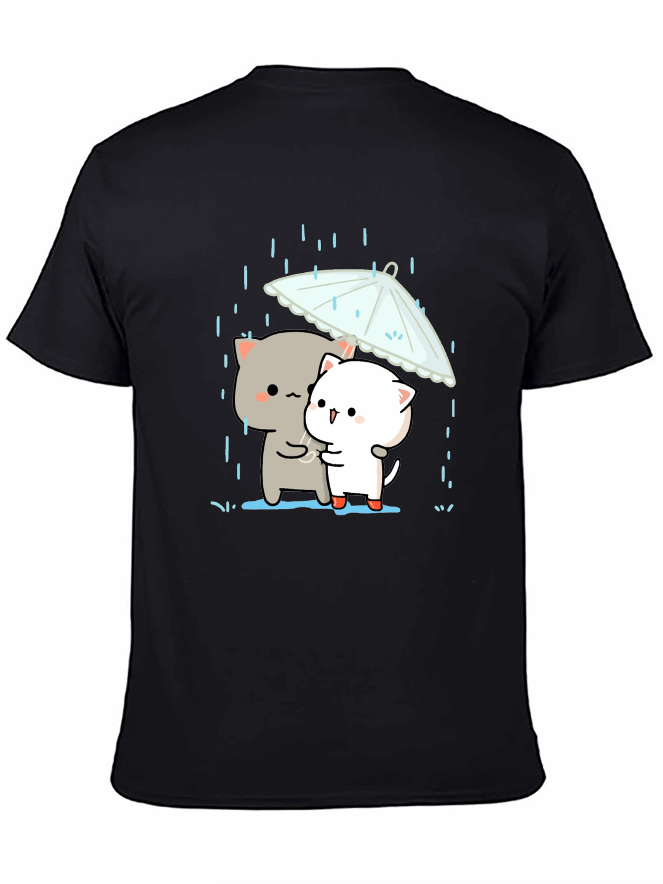 Cute Cats Under Umbrella Graphic Tee - Black