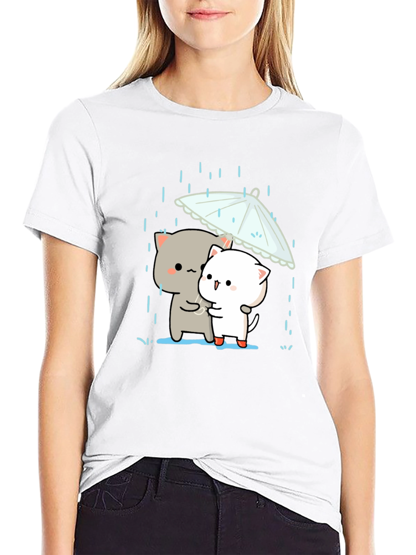 Cute Cats Under Umbrella Graphic Tee - Black