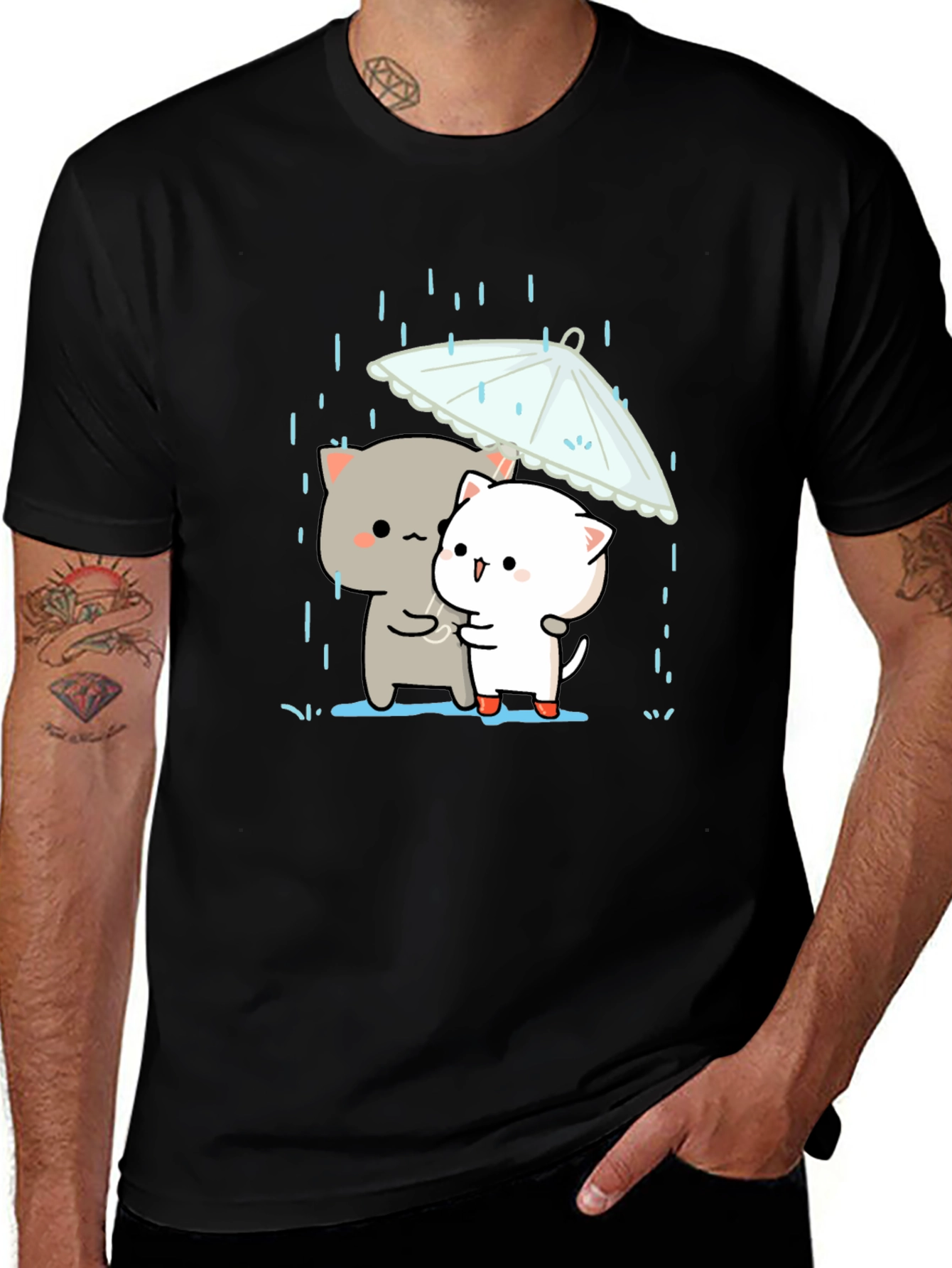 Cute Cats Under Umbrella Graphic Tee - Black
