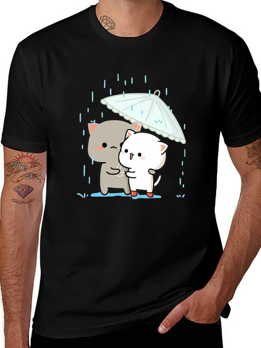 Cute Cats Under Umbrella Graphic Tee - Black