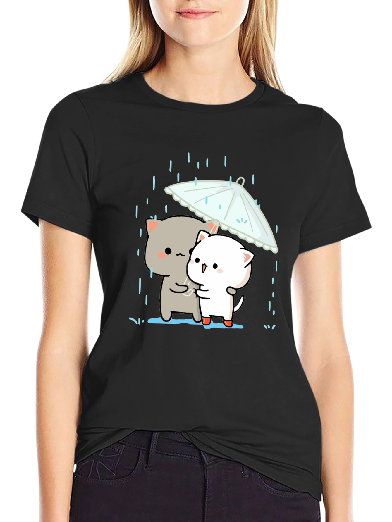 Cute Cats Under Umbrella Graphic Tee - Black