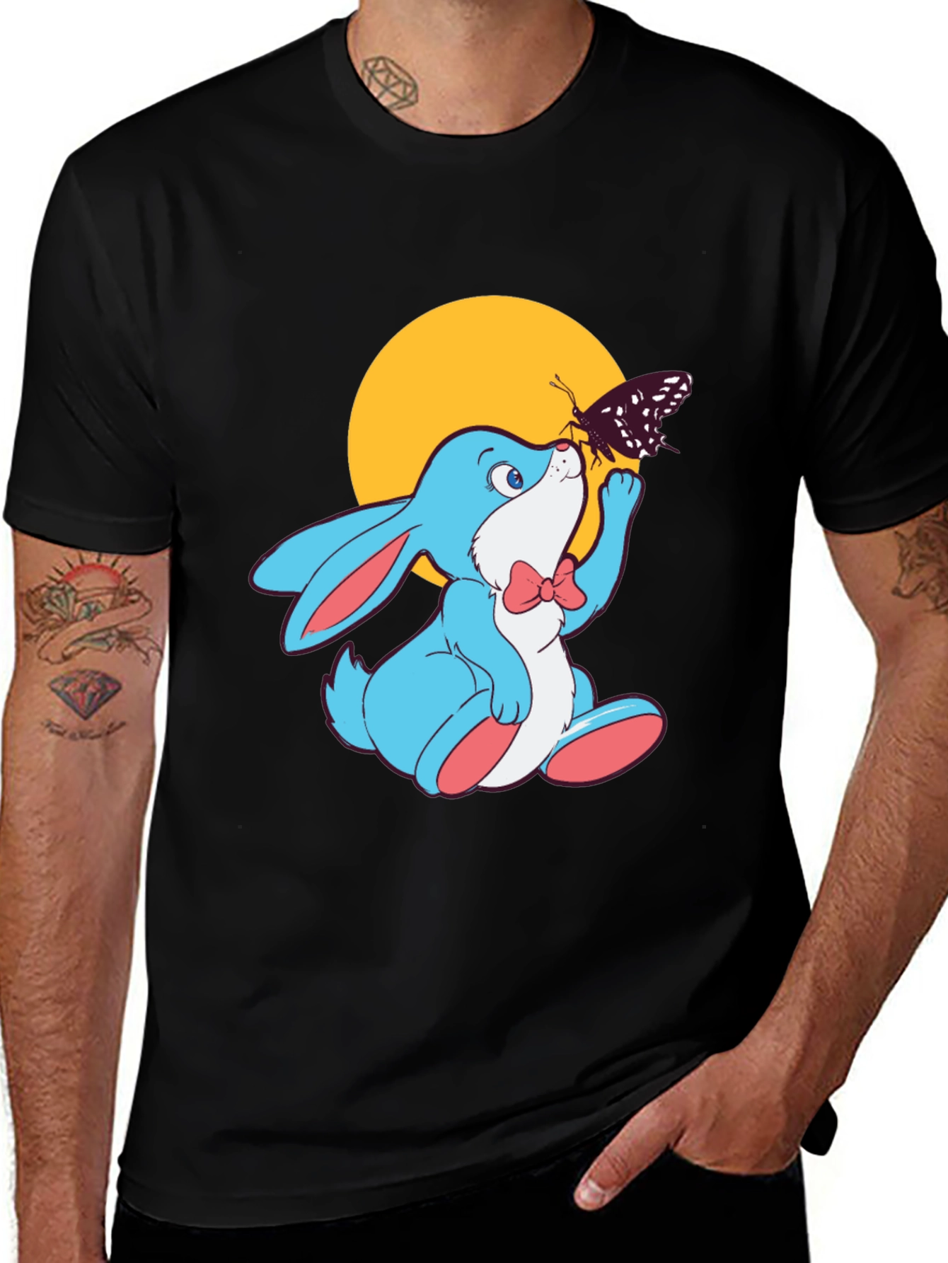 Cute Bunny & Butterfly Black T-Shirt