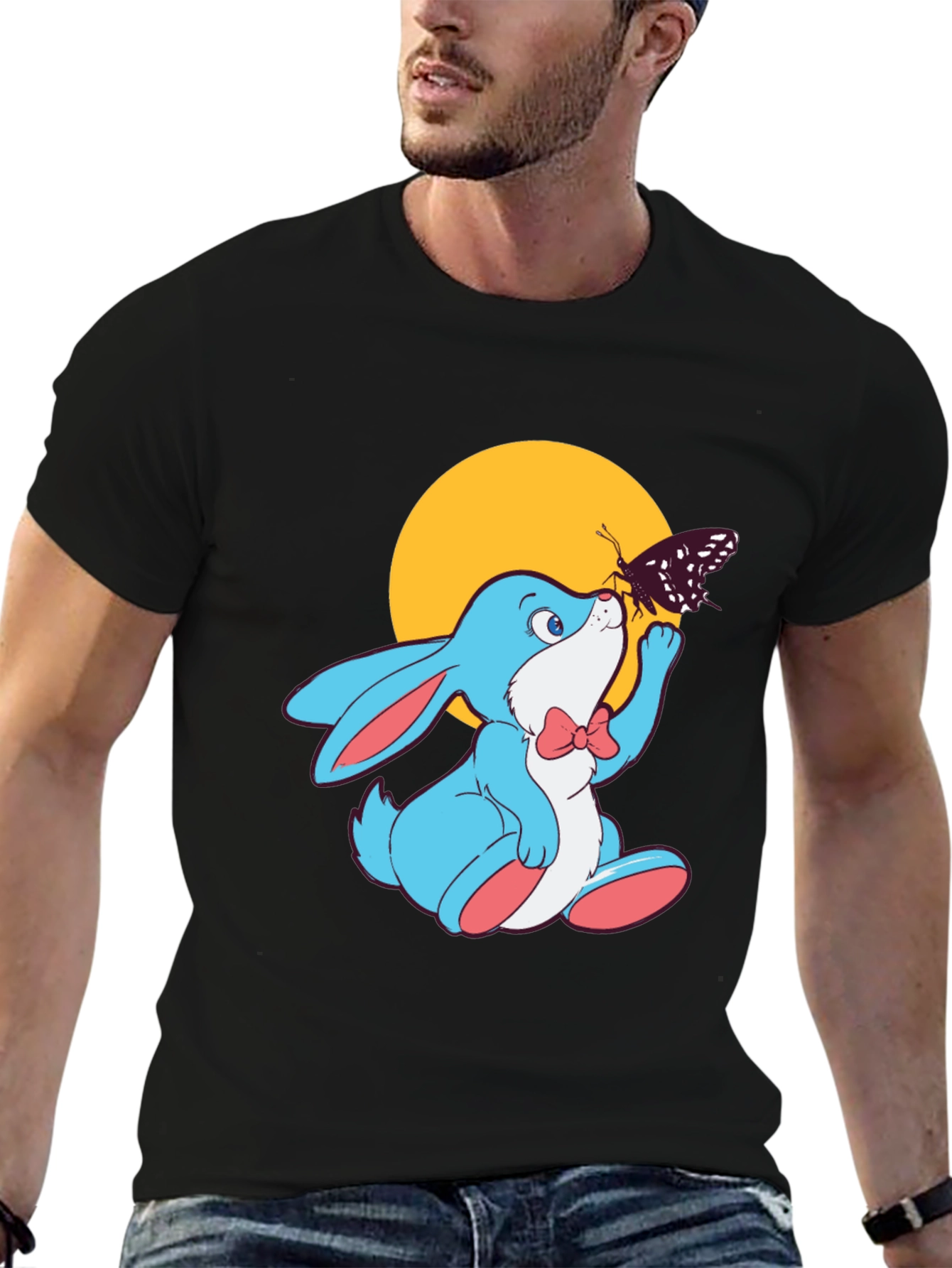 Cute Bunny & Butterfly Black T-Shirt