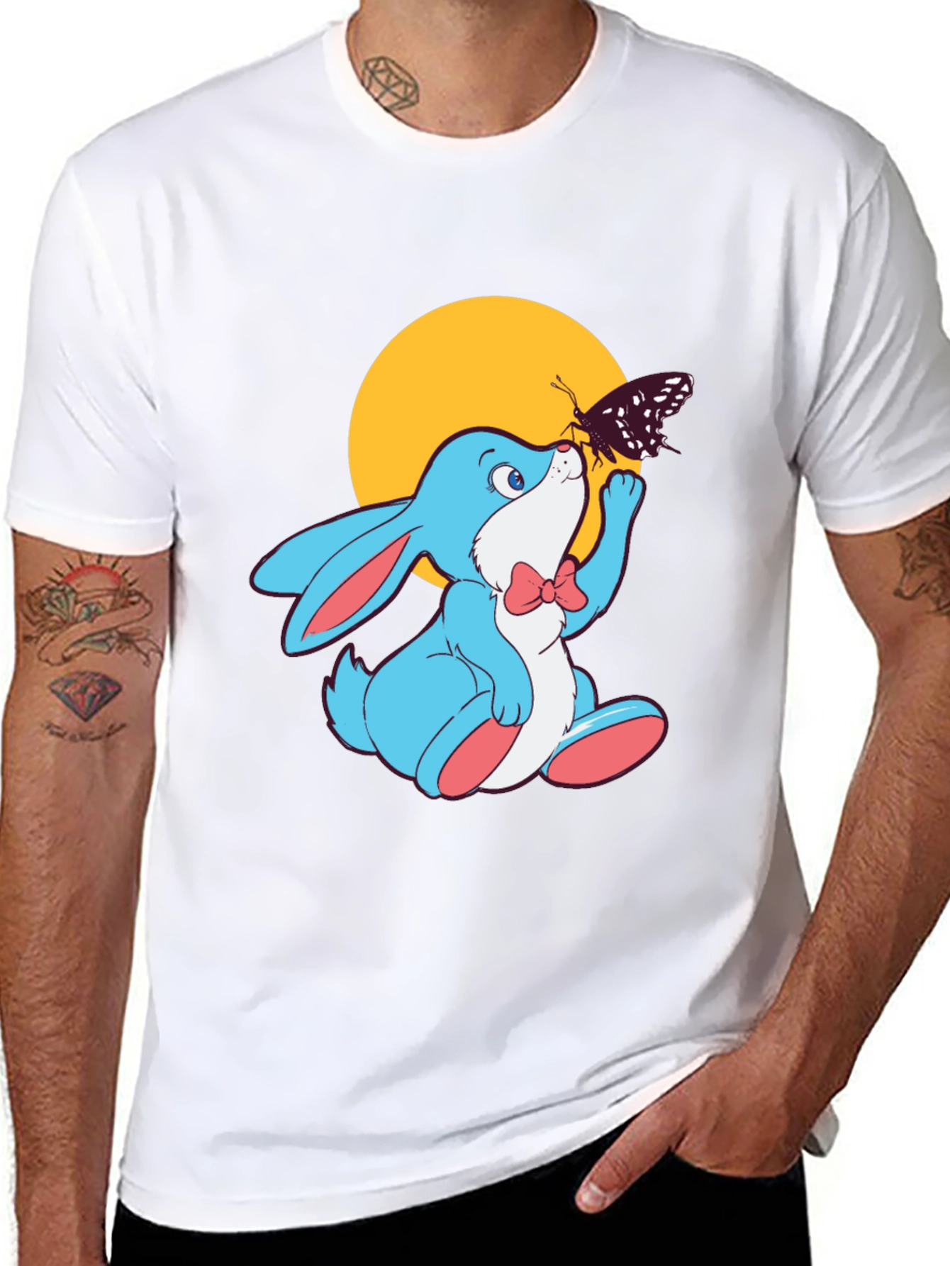 Cute Bunny & Butterfly Black T-Shirt