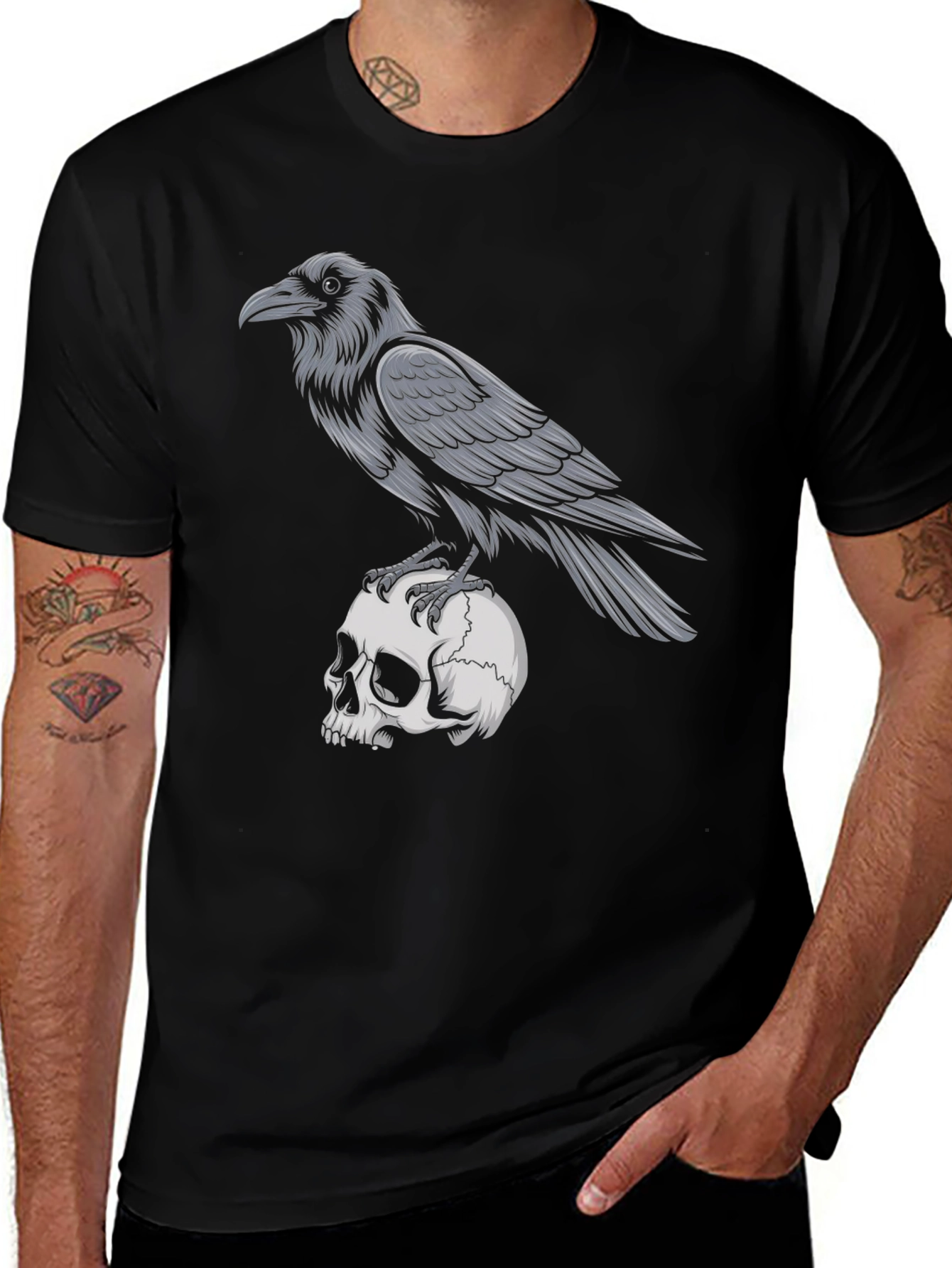 Raven on Skull Graphic T-Shirt - Gothic Style