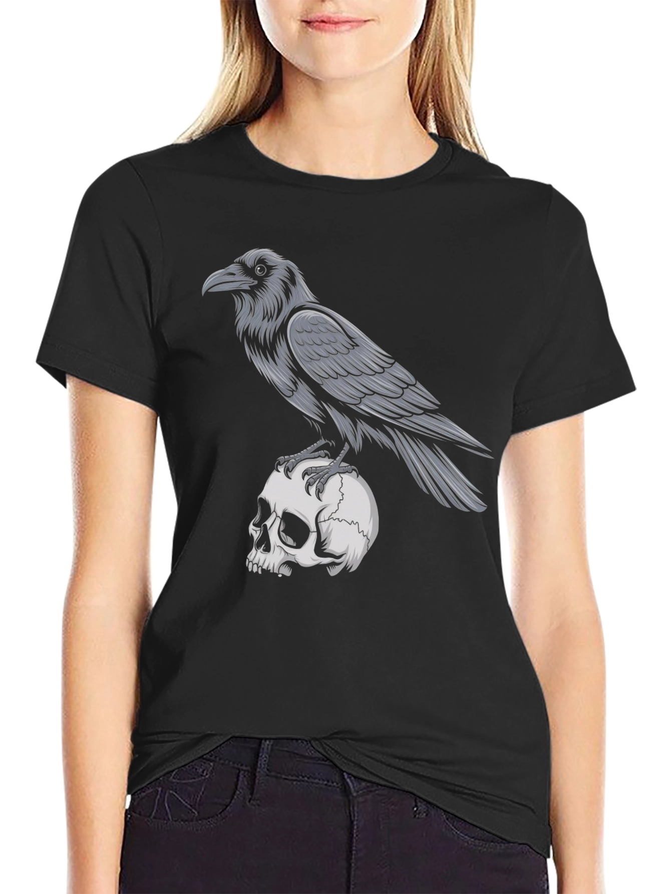 Raven on Skull Graphic T-Shirt - Gothic Style