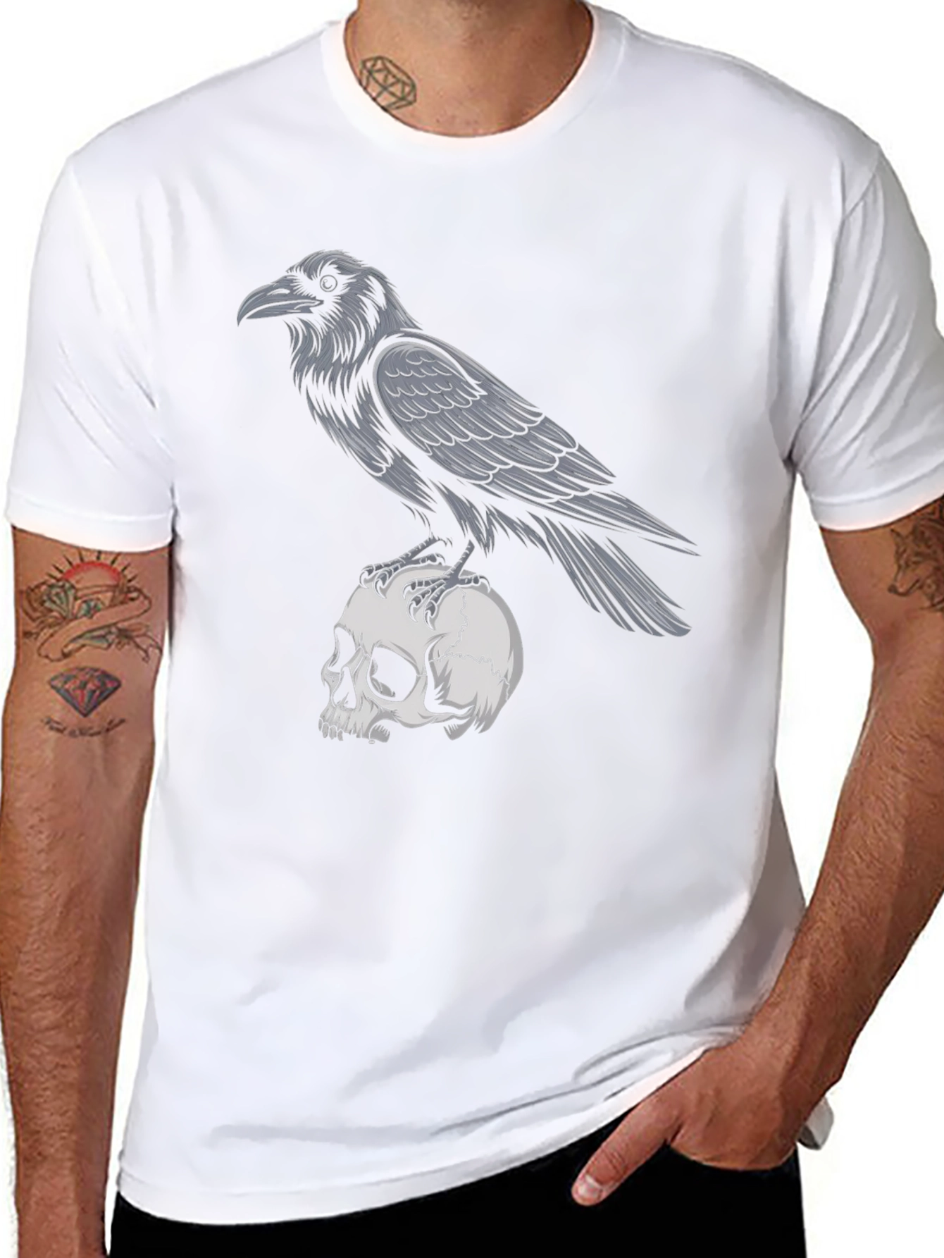 Raven on Skull Graphic T-Shirt - Gothic Style