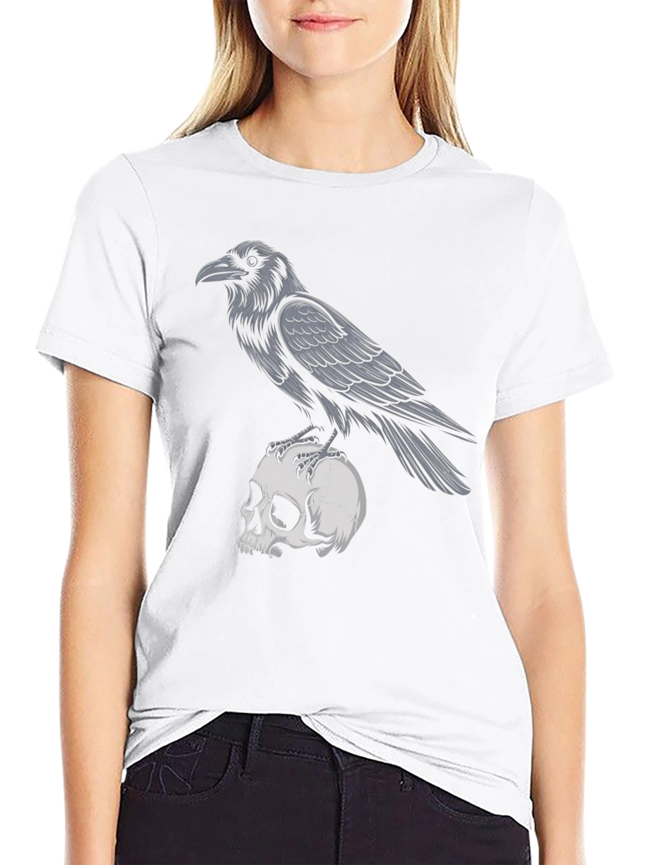 Raven on Skull Graphic T-Shirt - Gothic Style