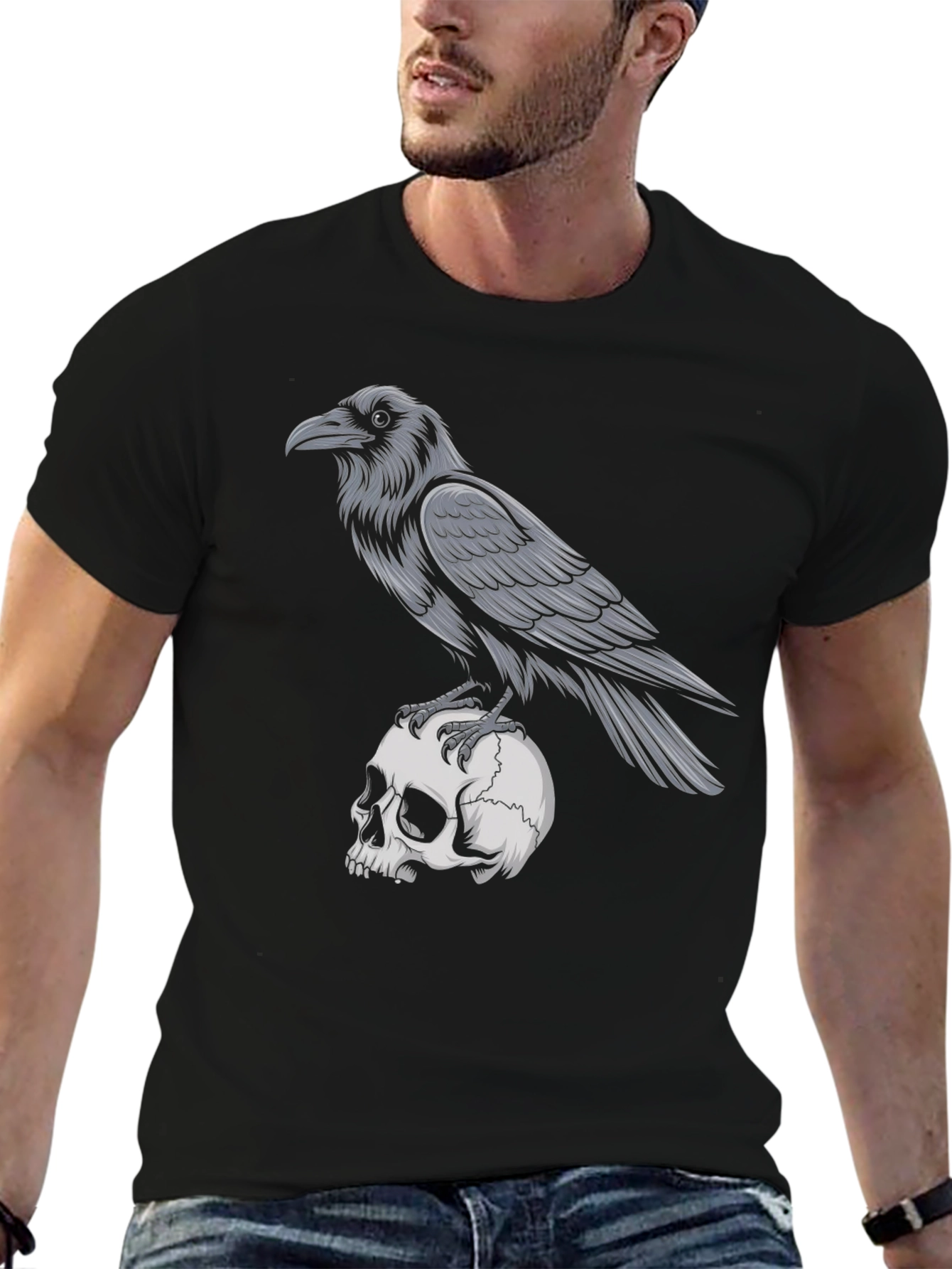 Raven on Skull Graphic T-Shirt - Gothic Style