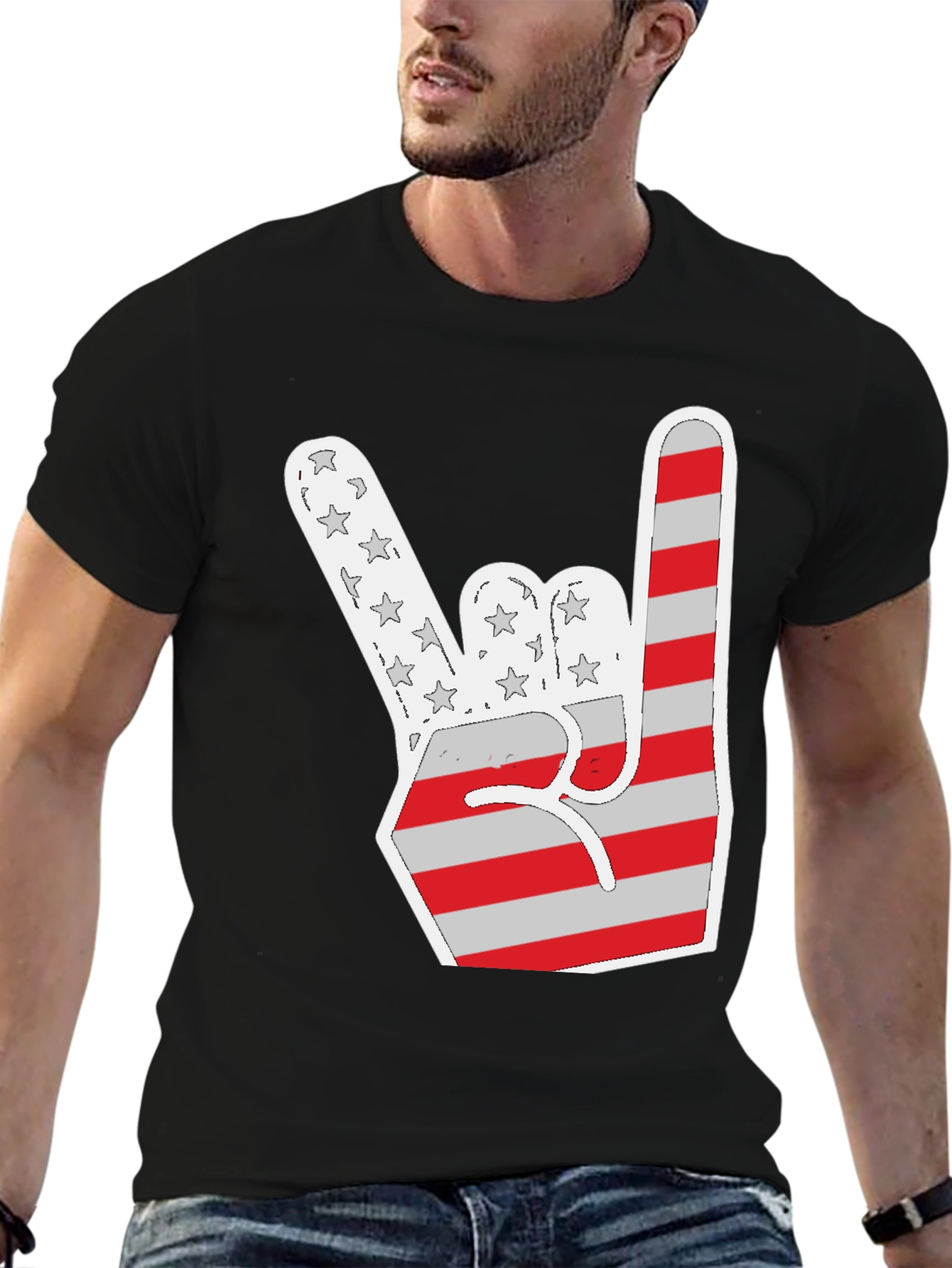 Patriotic Rock On T-Shirt - USA Flag Hand Sign