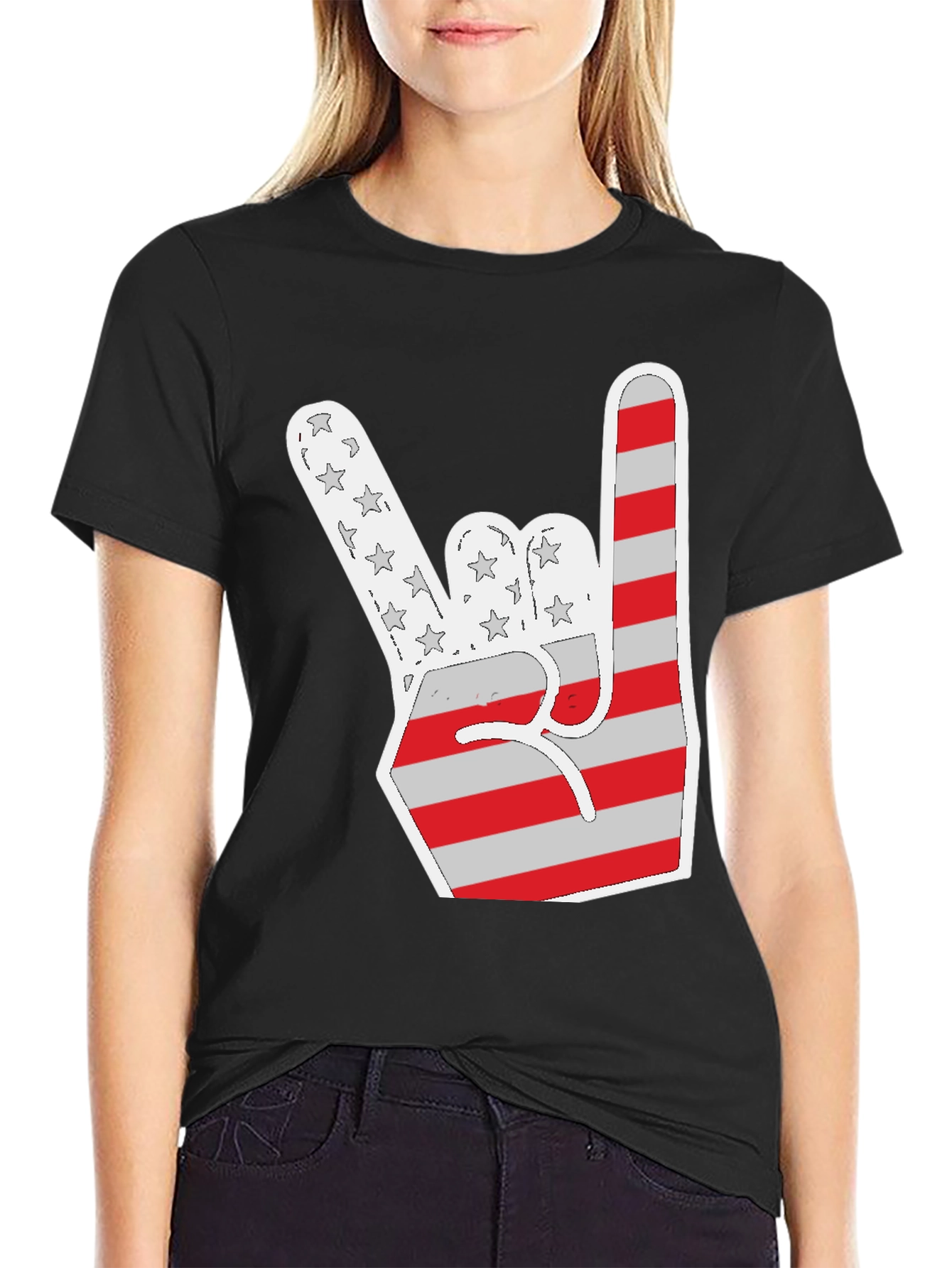 Patriotic Rock On T-Shirt - USA Flag Hand Sign