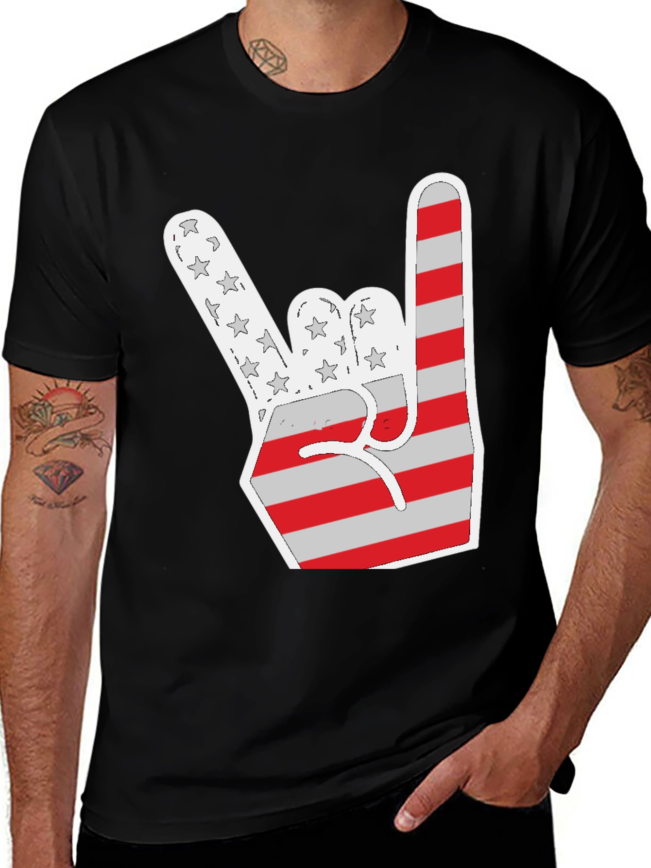 Patriotic Rock On T-Shirt - USA Flag Hand Sign