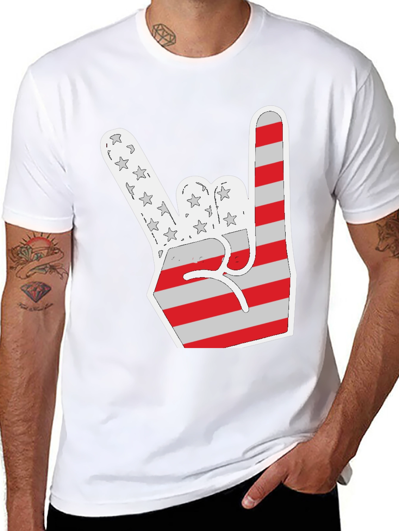 Patriotic Rock On T-Shirt - USA Flag Hand Sign